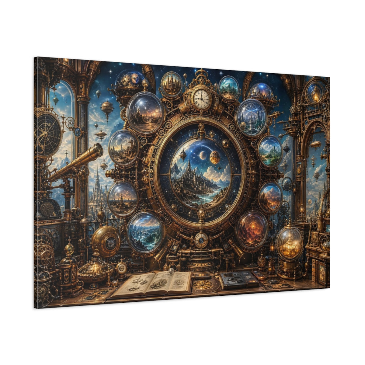 Side Mockup 1. Science Fiction Cosmic Clock Gold And Blue shown as stretched canvas wall art