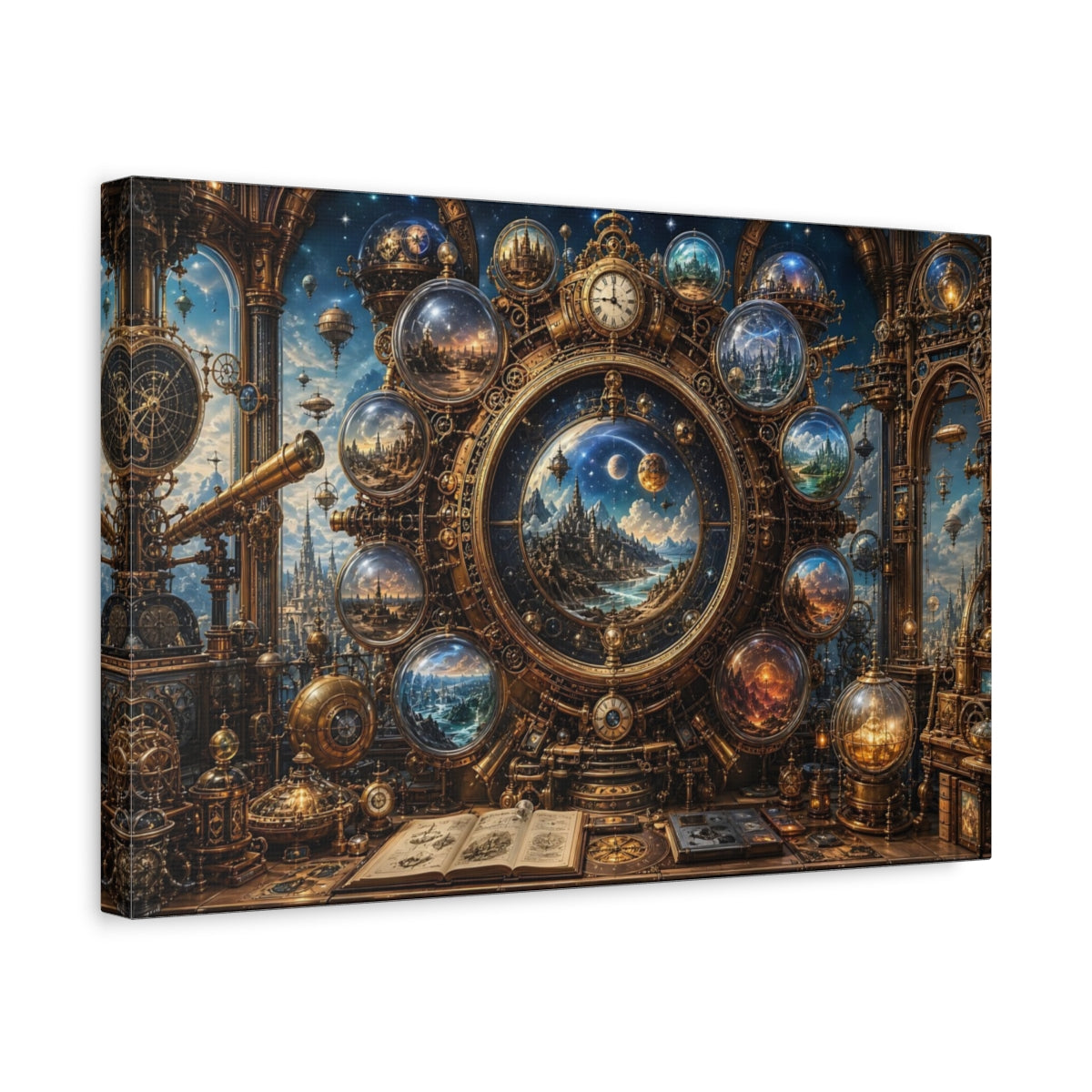 Side Mockup 4. Science Fiction Cosmic Clock Gold And Blue shown as stretched canvas wall art