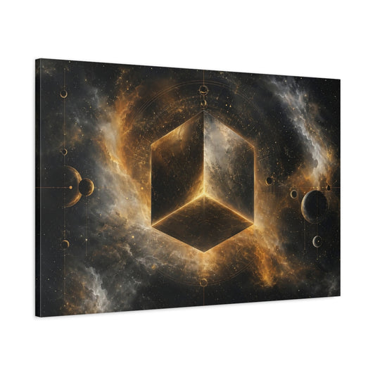 Main Mockup. Science Fiction Cosmic Cube Gold And Black shown as stretched canvas wall art