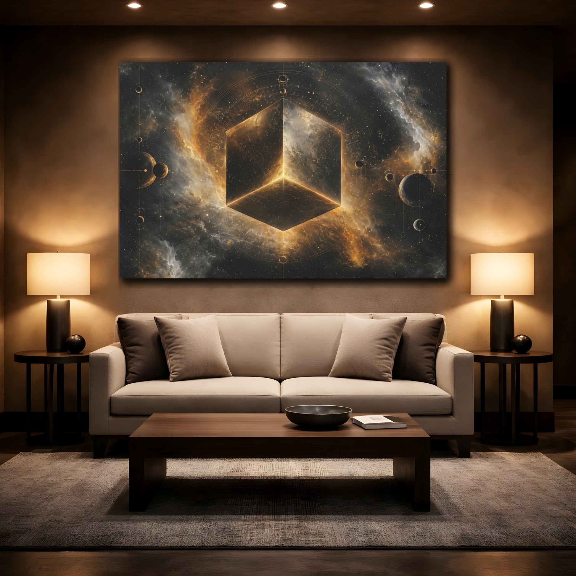 Mockup 2. Science Fiction Cosmic Cube Gold And Black shown as stretched canvas wall art