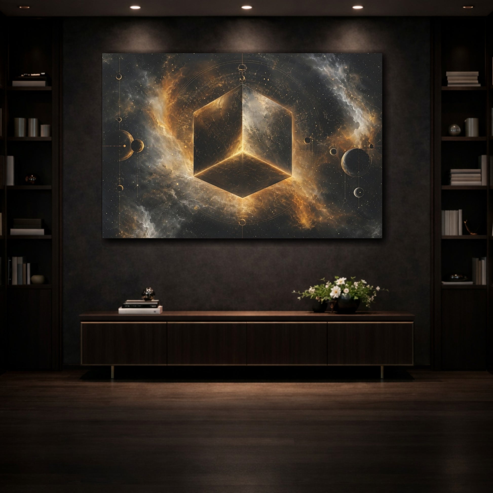 Mockup 3. Science Fiction Cosmic Cube Gold And Black shown as stretched canvas wall art