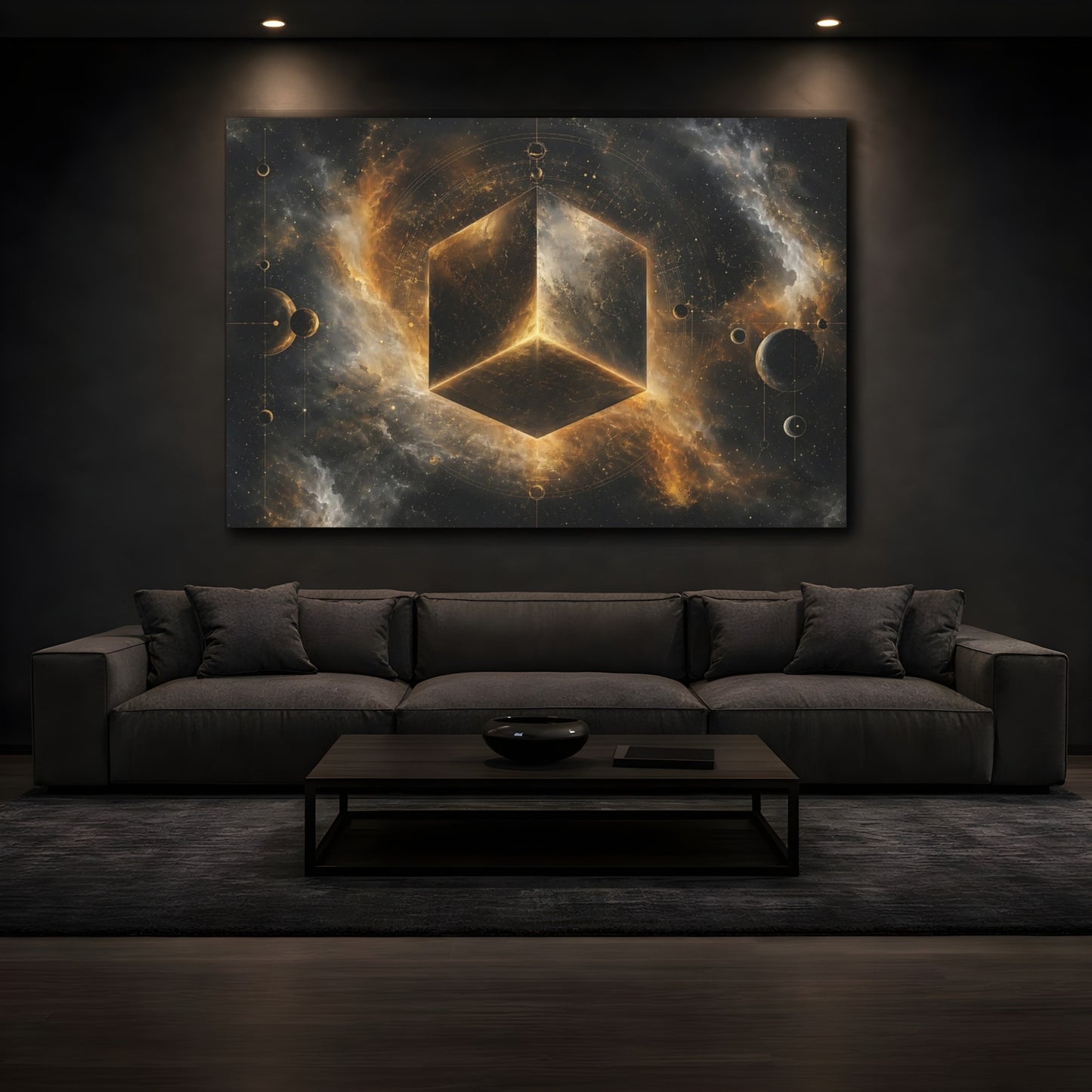Mockup 4. Science Fiction Cosmic Cube Gold And Black shown as stretched canvas wall art