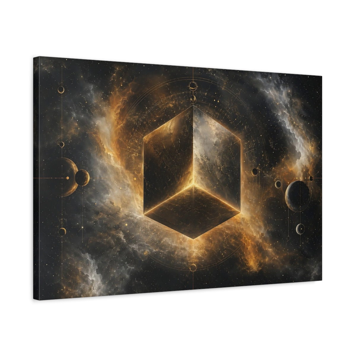 Side Mockup 2. Science Fiction Cosmic Cube Gold And Black shown as stretched canvas wall art
