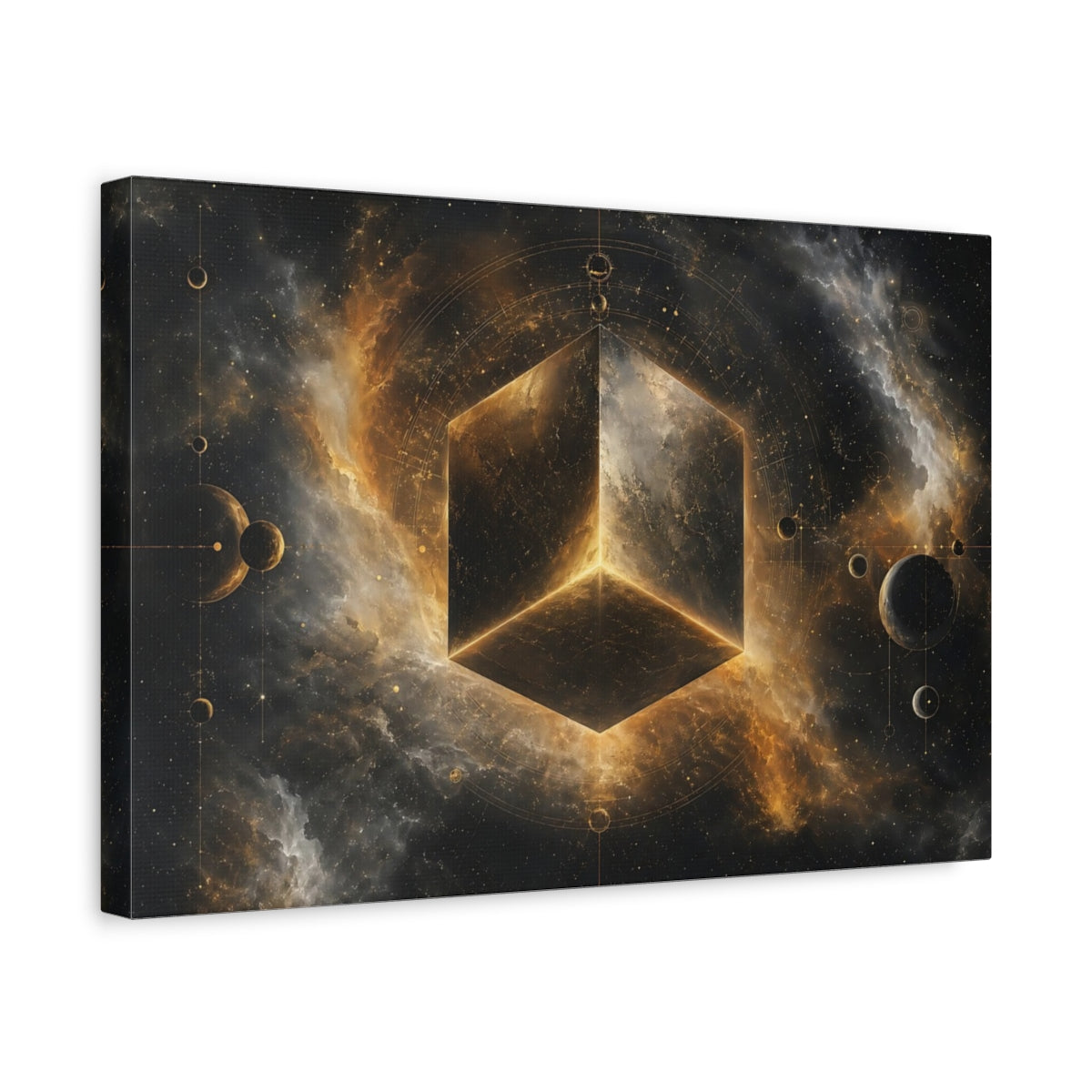 Side Mockup 4. Science Fiction Cosmic Cube Gold And Black shown as stretched canvas wall art
