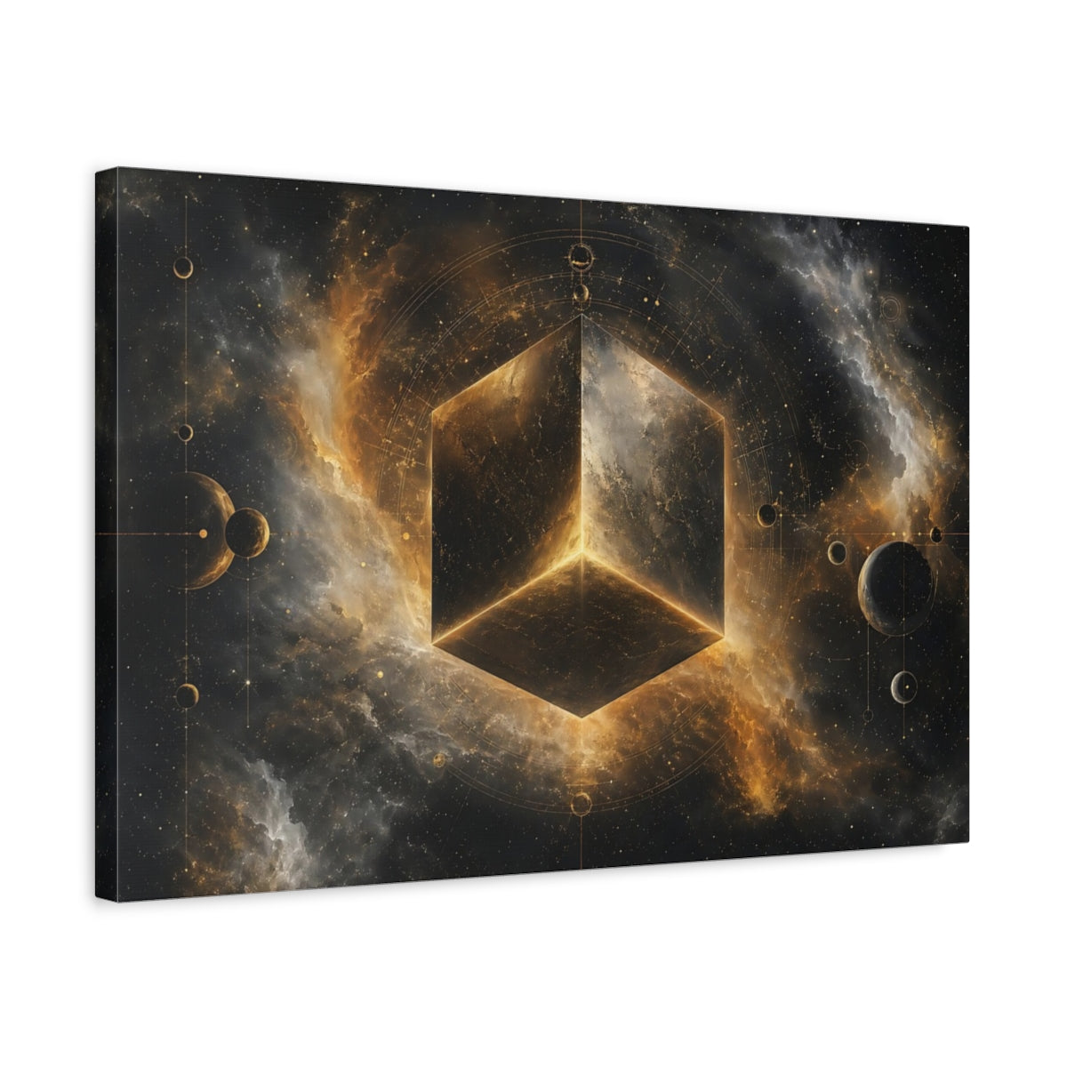Side Mockup 3. Science Fiction Cosmic Cube Gold And Black shown as stretched canvas wall art