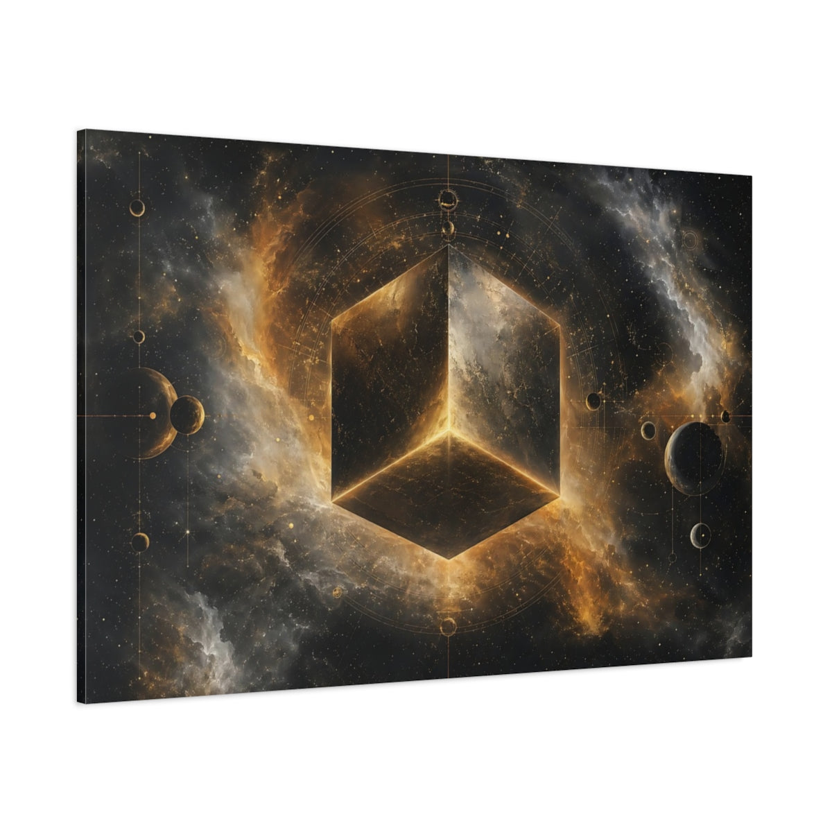 Side Mockup 1. Science Fiction Cosmic Cube Gold And Black shown as stretched canvas wall art