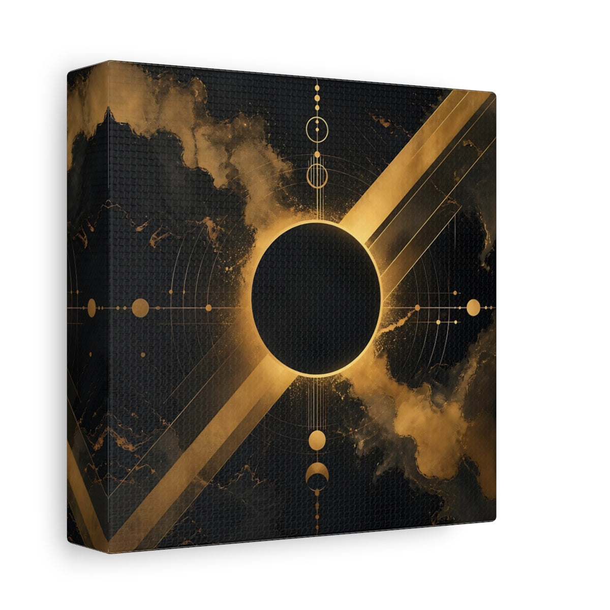 Side Mockup 2. Science Fiction Cosmic Eclipse Black And Gold shown as canvas print