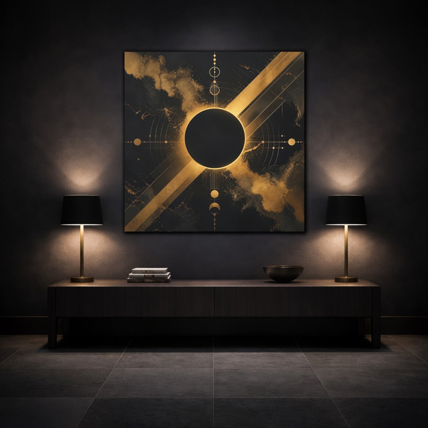 Mockup 3. Science Fiction Cosmic Eclipse Black And Gold shown as canvas print