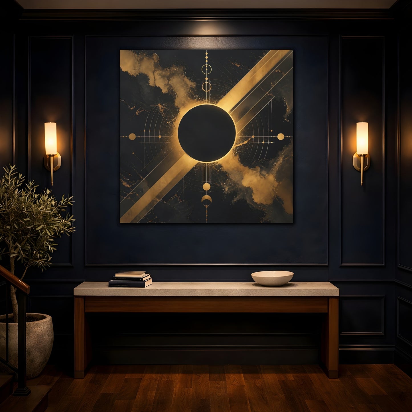 Mockup 4. Science Fiction Cosmic Eclipse Black And Gold shown as canvas print