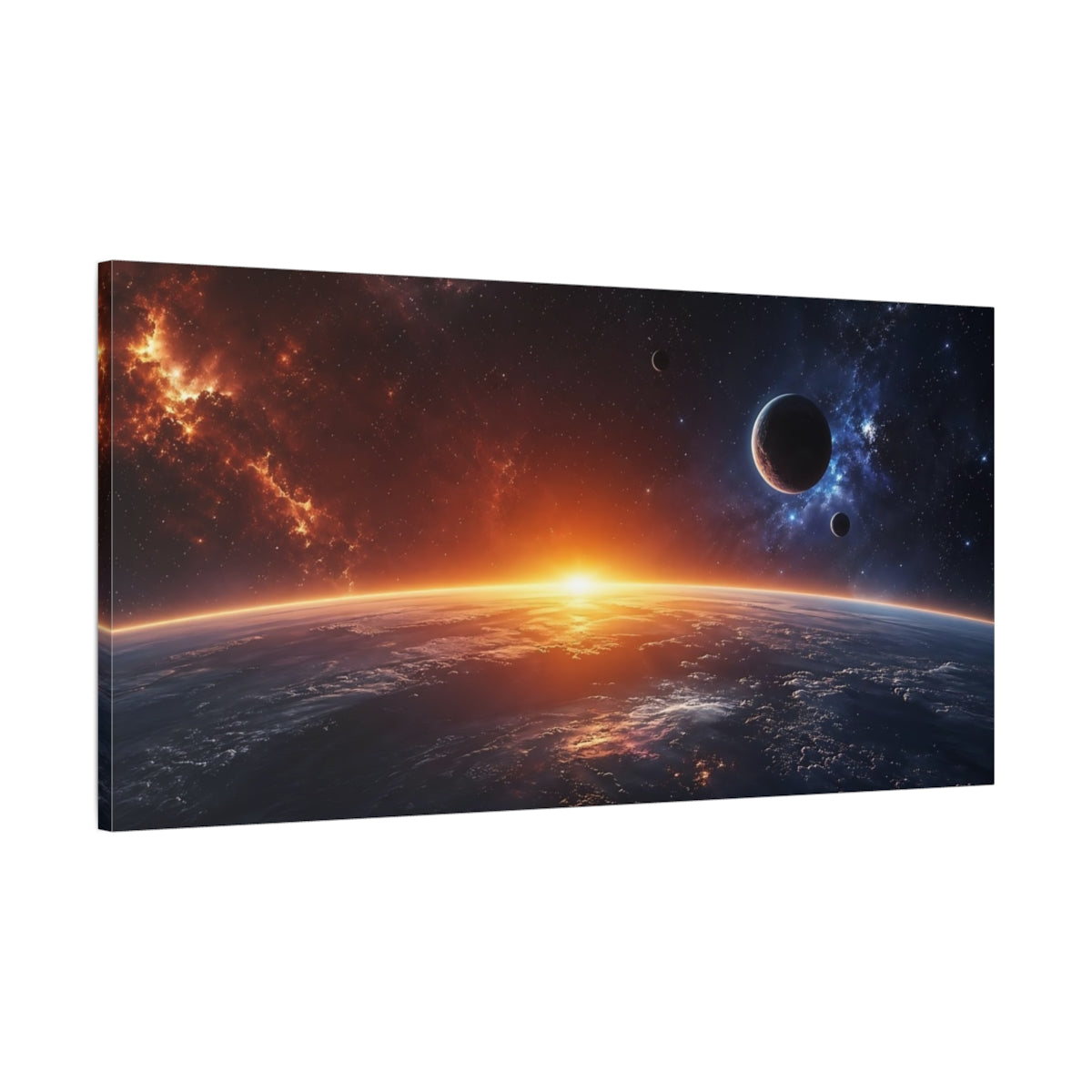 Main Mockup. Science Fiction Cosmic Horizon Orange And Blue Space shown as stretched canvas wall art
