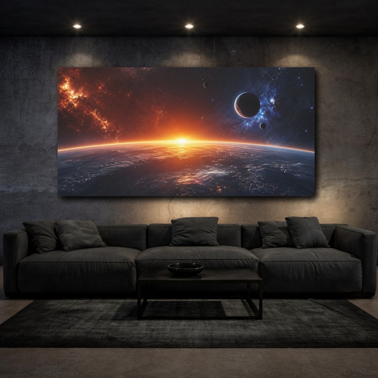 Mockup 2. Science Fiction Cosmic Horizon Orange And Blue Space shown as stretched canvas wall art