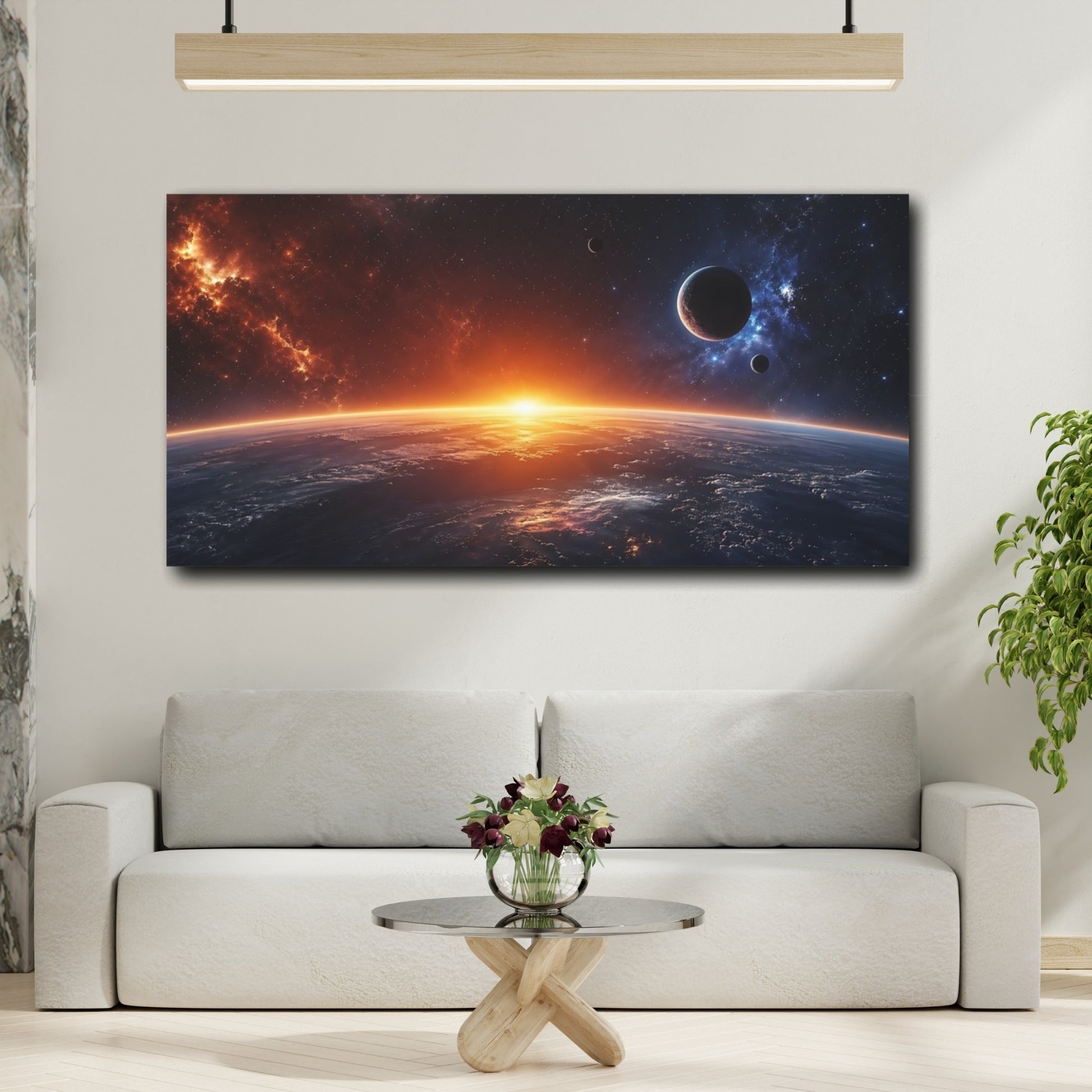 Mockup 3. Science Fiction Cosmic Horizon Orange And Blue Space shown as stretched canvas wall art