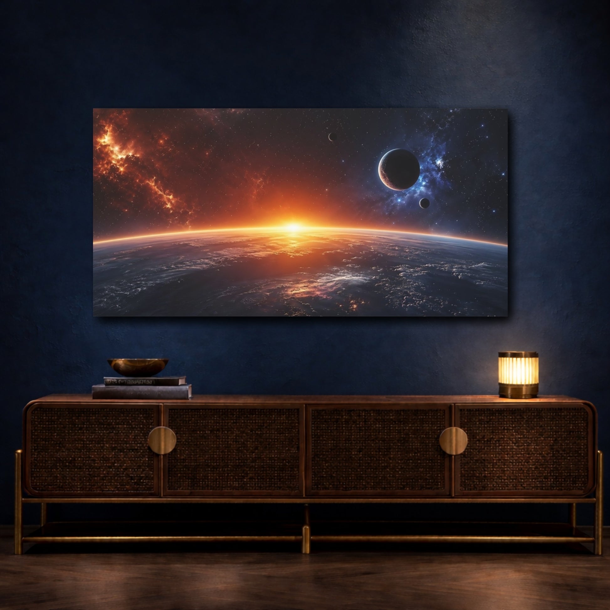 Mockup 4. Science Fiction Cosmic Horizon Orange And Blue Space shown as stretched canvas wall art