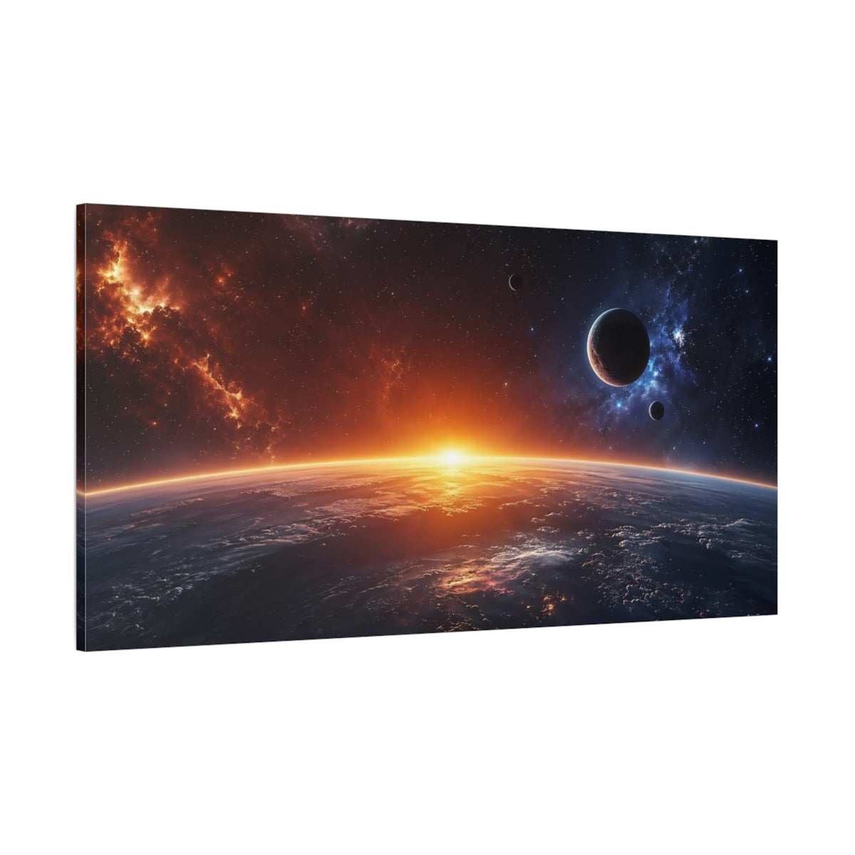 Side Mockup 2. Science Fiction Cosmic Horizon Orange And Blue Space shown as stretched canvas wall art