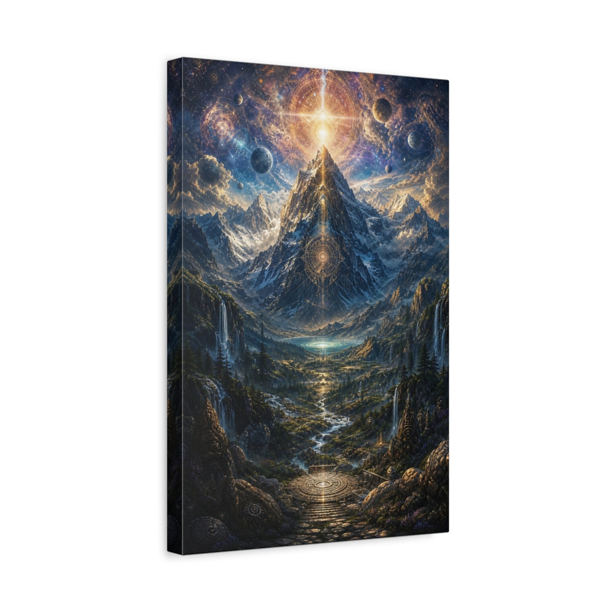 Side Mockup 4. Science Fiction Cosmic Mountain Blue Gold Landscape shown as stretched canvas wall art