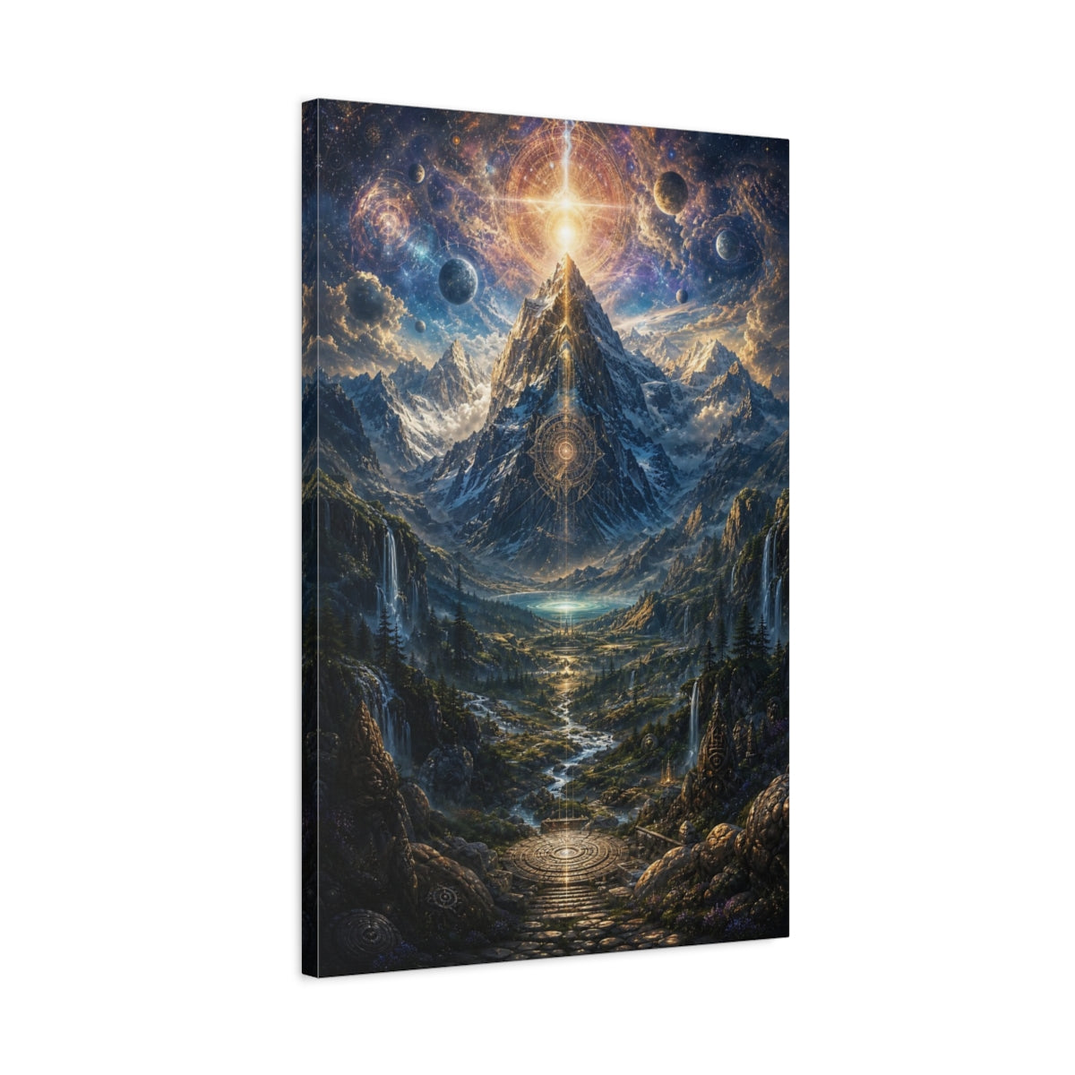 Side Mockup 2. Science Fiction Cosmic Mountain Blue Gold Landscape shown as stretched canvas wall art