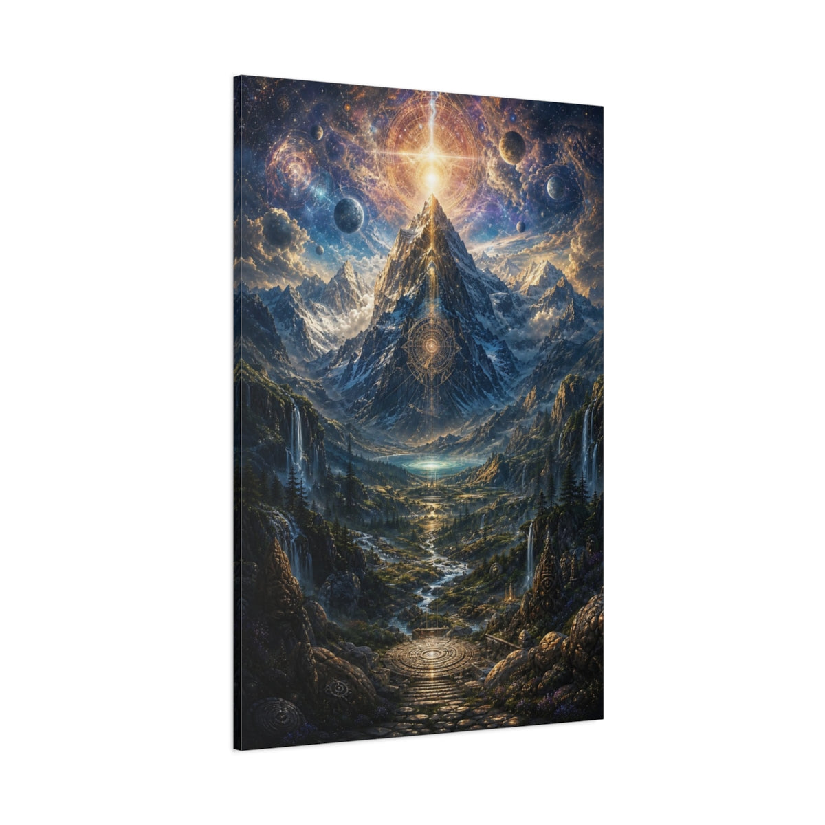 Side Mockup 1. Science Fiction Cosmic Mountain Blue Gold Landscape shown as stretched canvas wall art