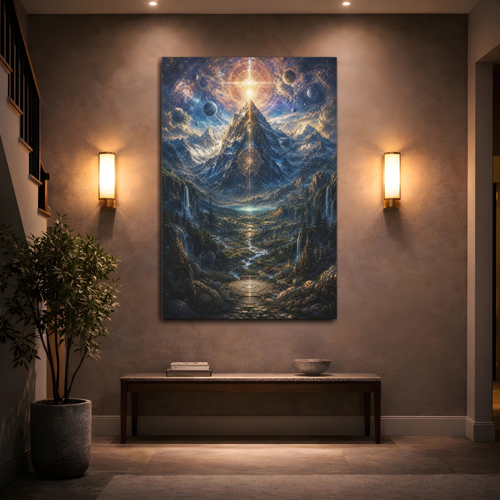 Mockup 2. Science Fiction Cosmic Mountain Blue Gold Landscape shown as stretched canvas wall art