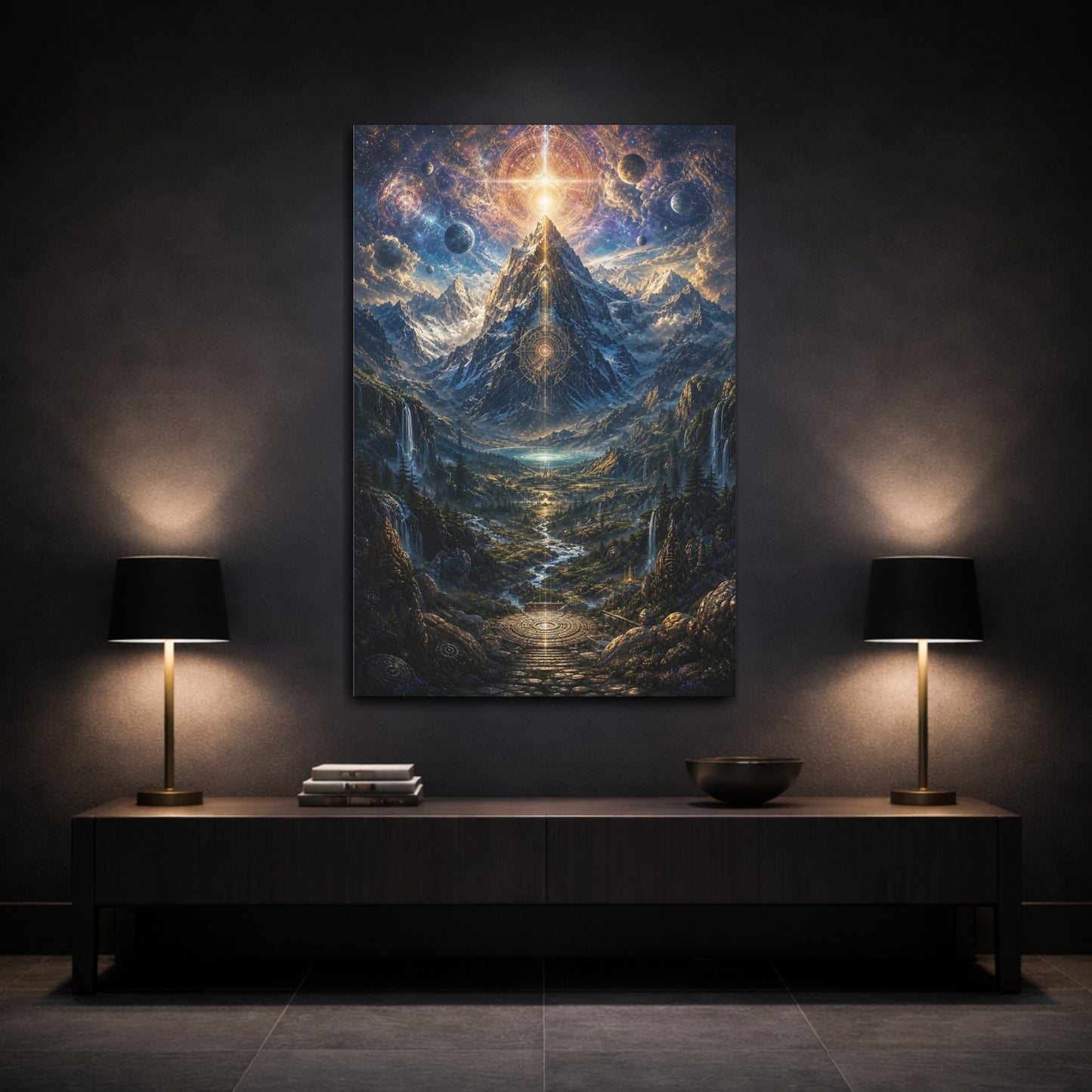 Mockup 3. Science Fiction Cosmic Mountain Blue Gold Landscape shown as stretched canvas wall art