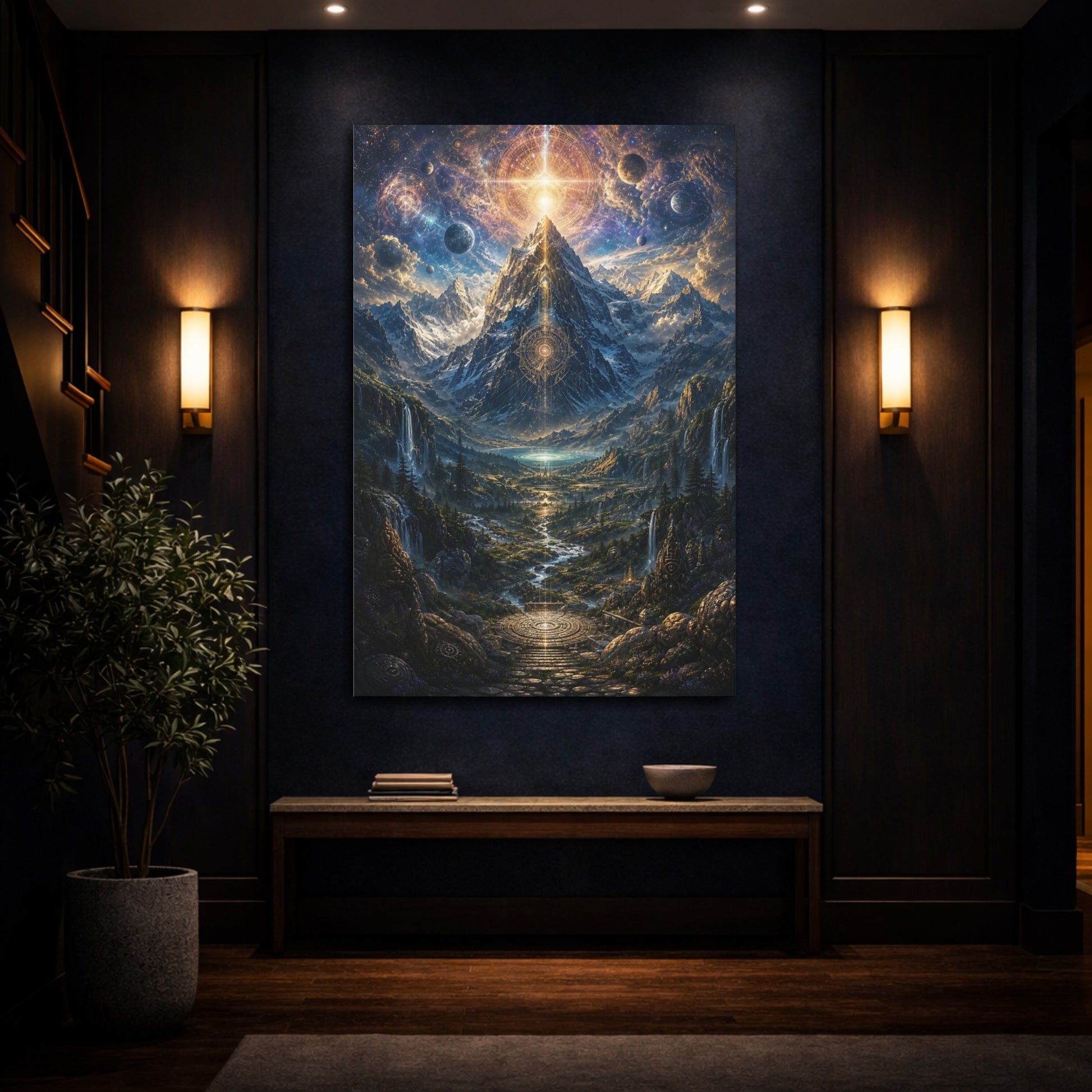 Mockup 4. Science Fiction Cosmic Mountain Blue Gold Landscape shown as stretched canvas wall art