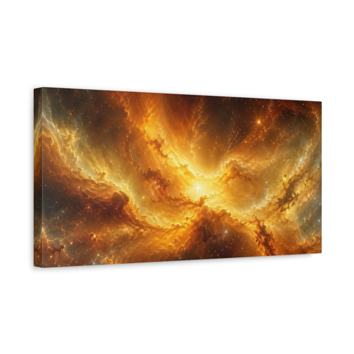 Side Mockup 3. Science Fiction Cosmic Nebula Gold Orange Nebula shown as stretched canvas wall art