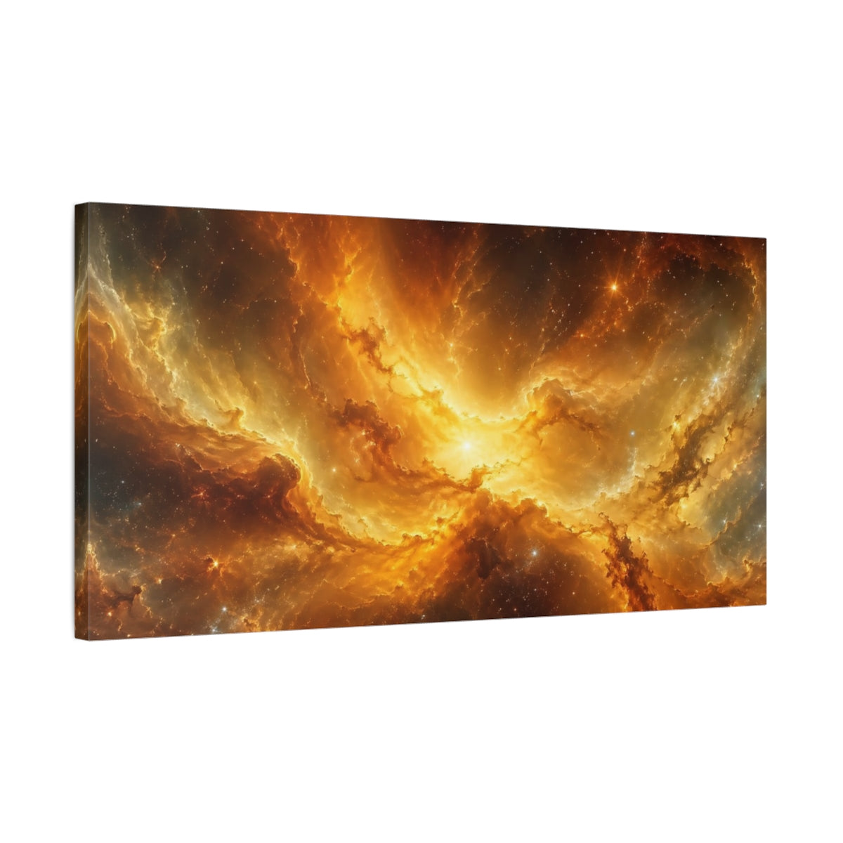 Side Mockup 1. Science Fiction Cosmic Nebula Gold Orange Nebula shown as stretched canvas wall art