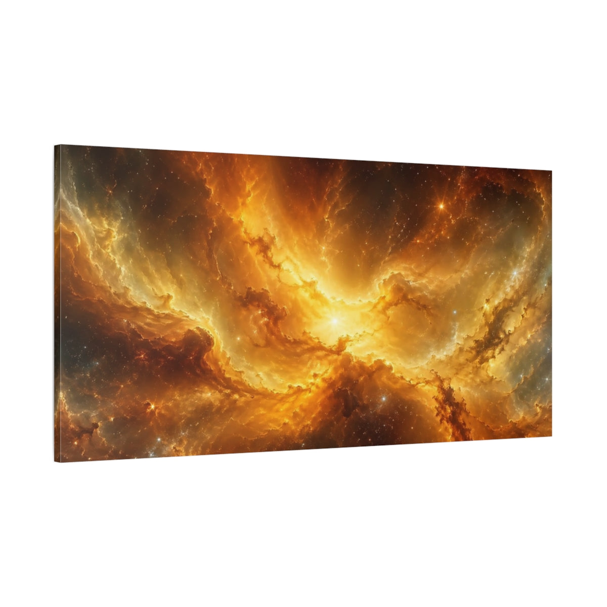 Side Mockup 2. Science Fiction Cosmic Nebula Gold Orange Nebula shown as stretched canvas wall art