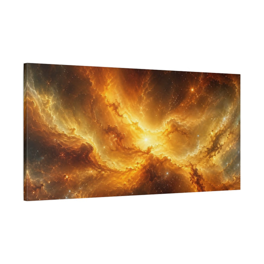Main Mockup. Science Fiction Cosmic Nebula Gold Orange Nebula shown as stretched canvas wall art