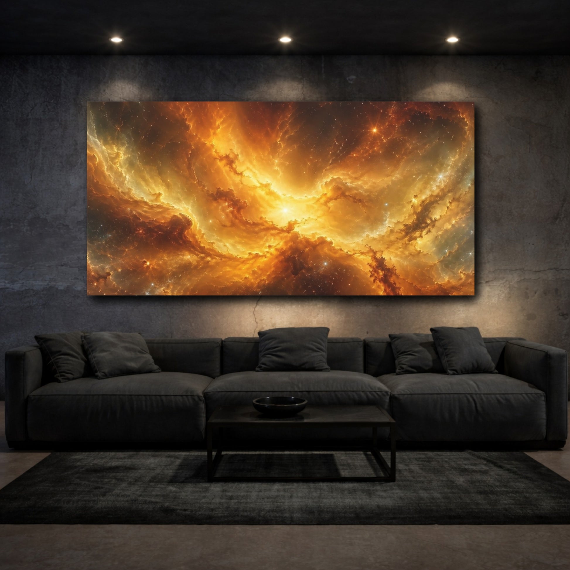 Mockup 2. Science Fiction Cosmic Nebula Gold Orange Nebula shown as stretched canvas wall art