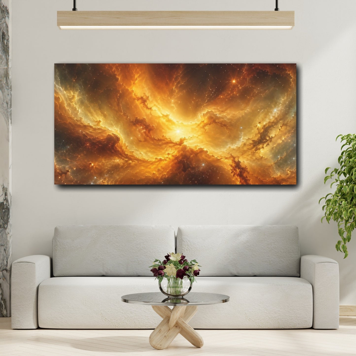 Mockup 3. Science Fiction Cosmic Nebula Gold Orange Nebula shown as stretched canvas wall art