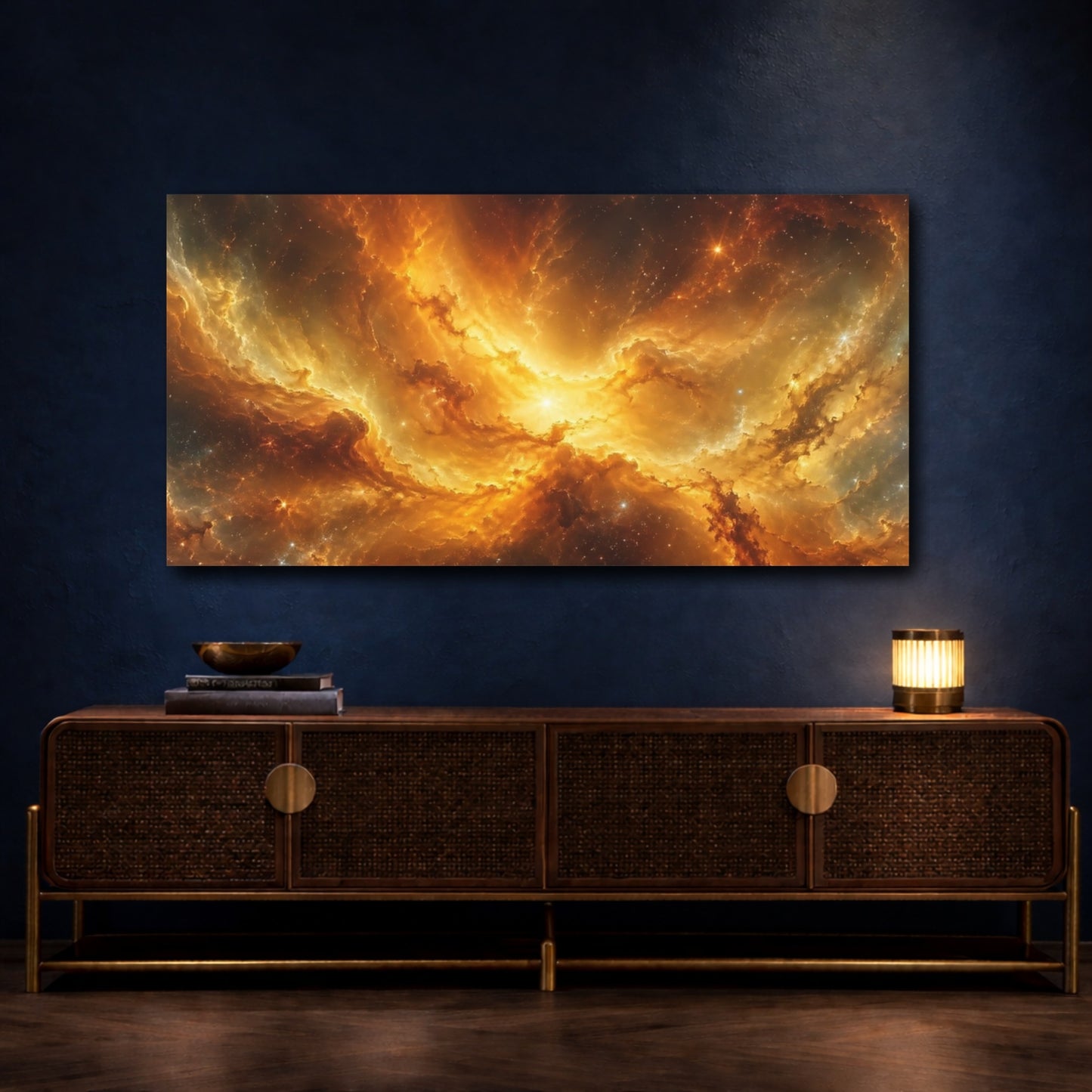 Mockup 4. Science Fiction Cosmic Nebula Gold Orange Nebula shown as stretched canvas wall art