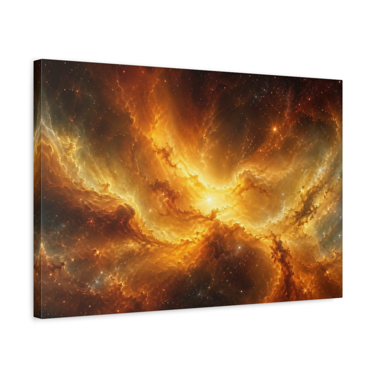 Side Mockup 3. Science Fiction Cosmic Nebula Orange And Gold shown as stretched canvas wall art