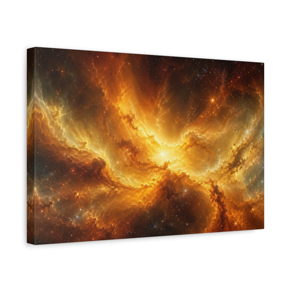 Side Mockup 4. Science Fiction Cosmic Nebula Orange And Gold shown as stretched canvas wall art