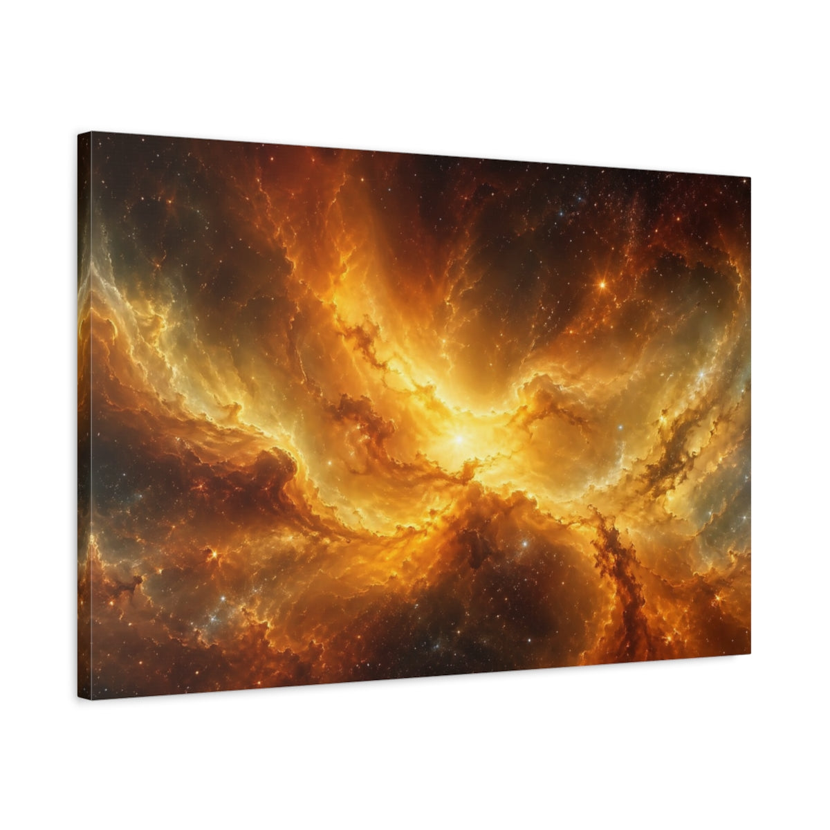 Side Mockup 2. Science Fiction Cosmic Nebula Orange And Gold shown as stretched canvas wall art