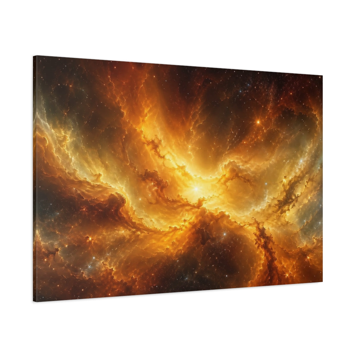 Side Mockup 1. Science Fiction Cosmic Nebula Orange And Gold shown as stretched canvas wall art