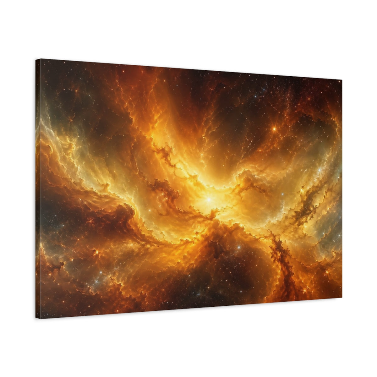 Main Mockup. Science Fiction Cosmic Nebula Orange And Gold shown as stretched canvas wall art