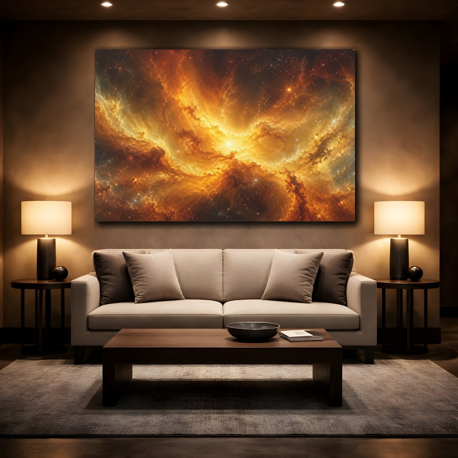 Mockup 2. Science Fiction Cosmic Nebula Orange And Gold shown as stretched canvas wall art