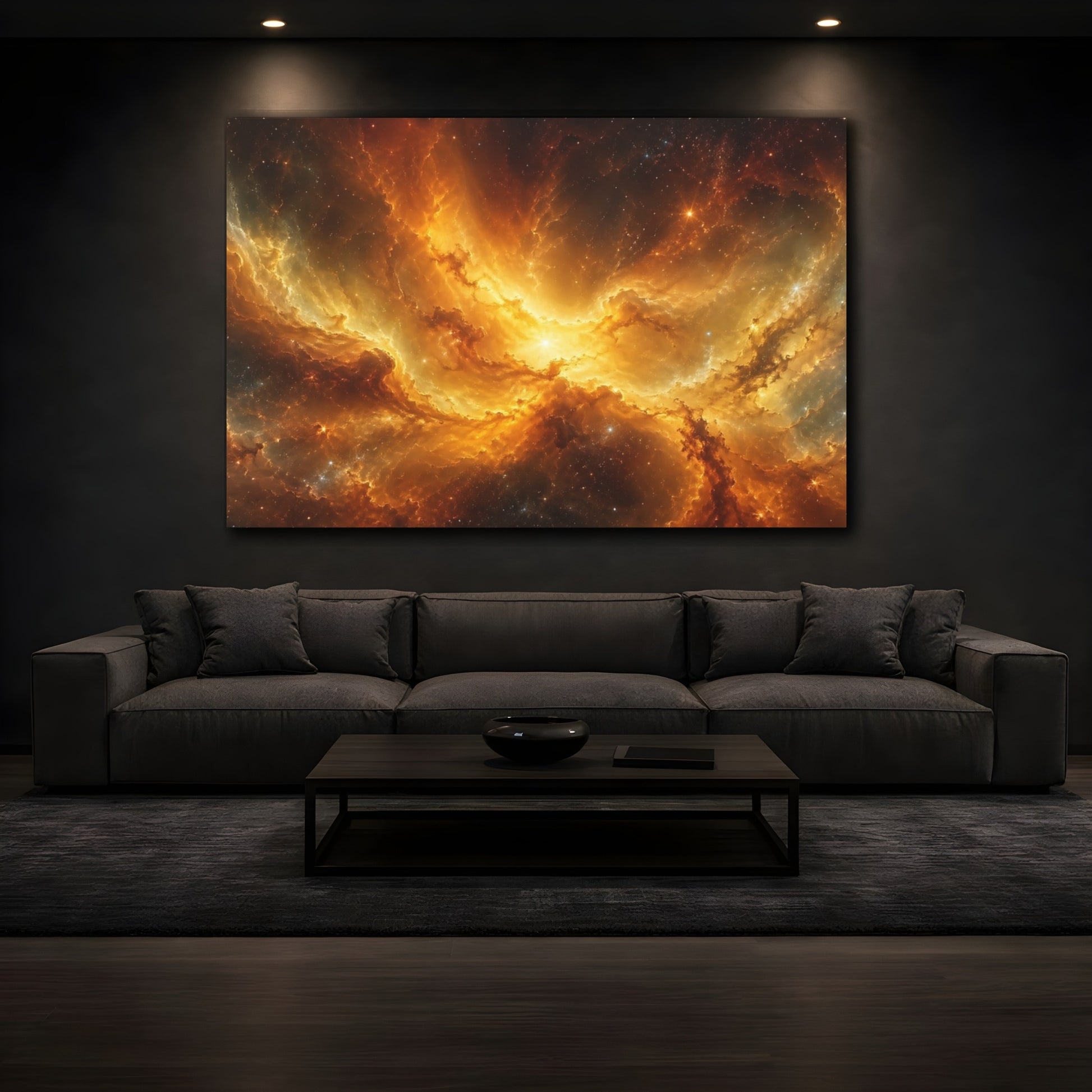 Mockup 3. Science Fiction Cosmic Nebula Orange And Gold shown as stretched canvas wall art
