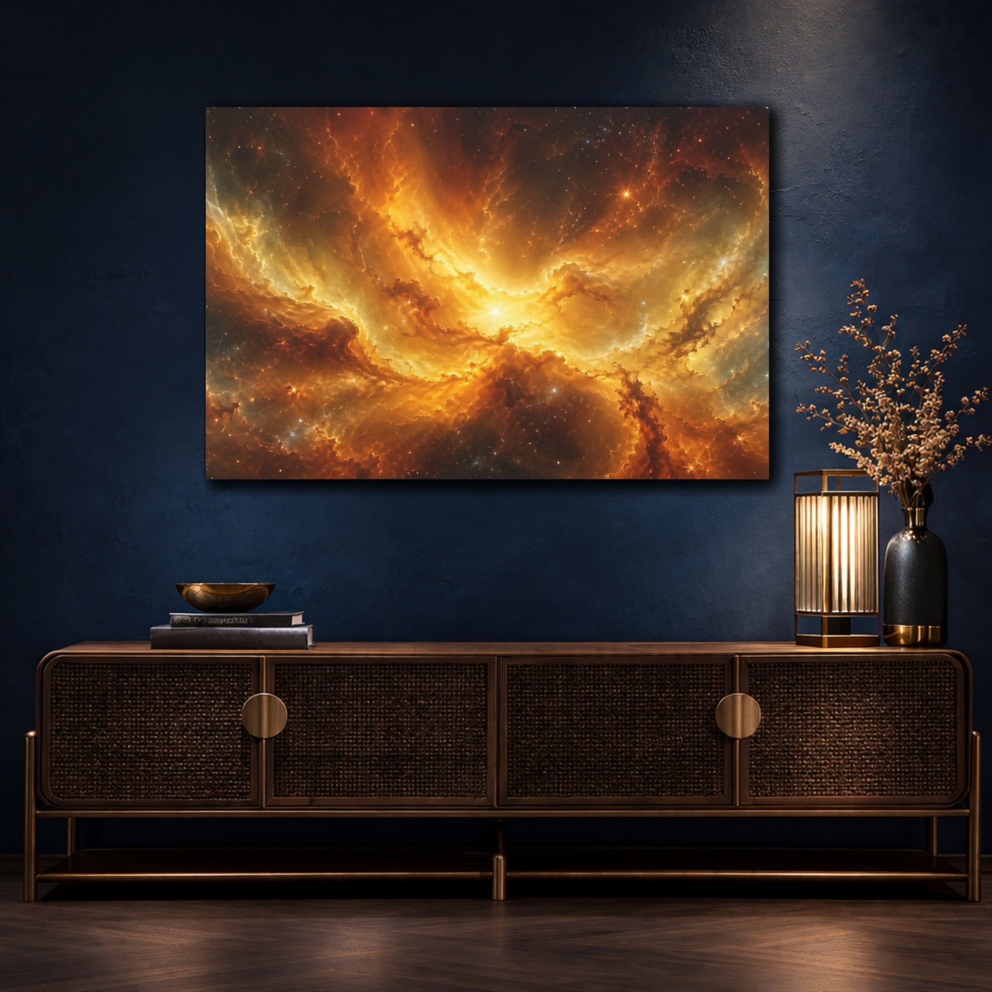 Mockup 4. Science Fiction Cosmic Nebula Orange And Gold shown as stretched canvas wall art