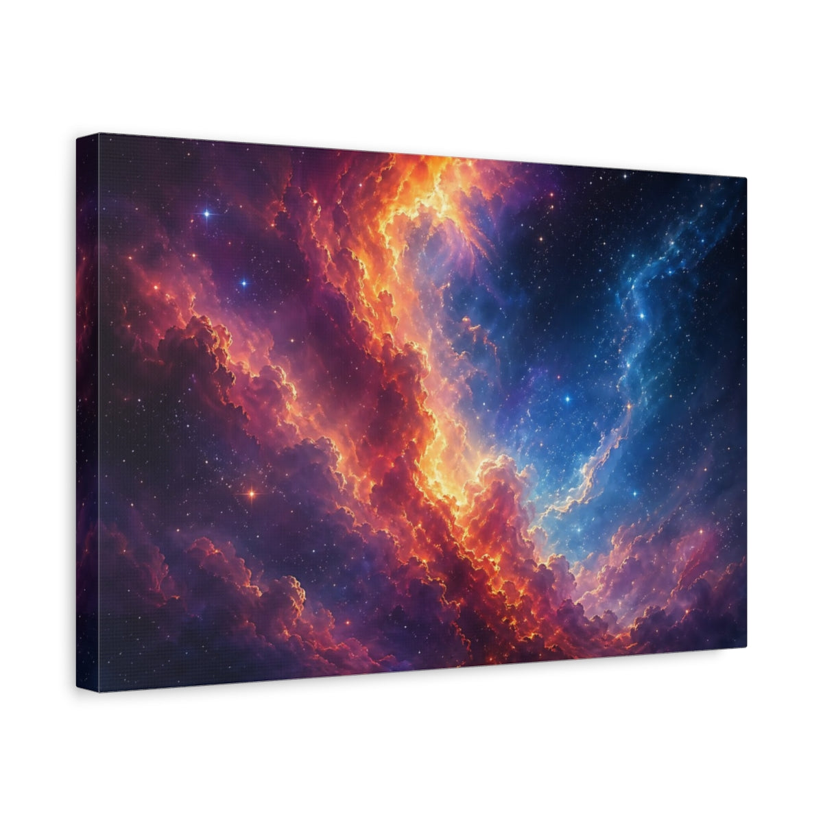 Side Mockup 4. Science Fiction Cosmic Nebula Orange Blue Nebula shown as stretched canvas wall art
