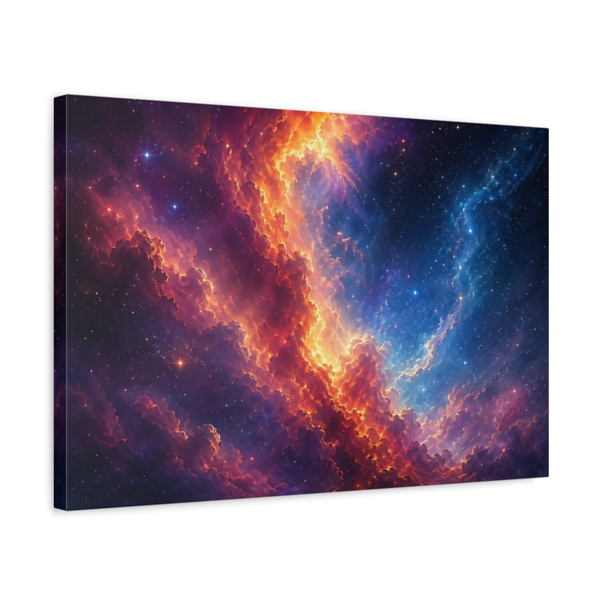 Side Mockup 3. Science Fiction Cosmic Nebula Orange Blue Nebula shown as stretched canvas wall art