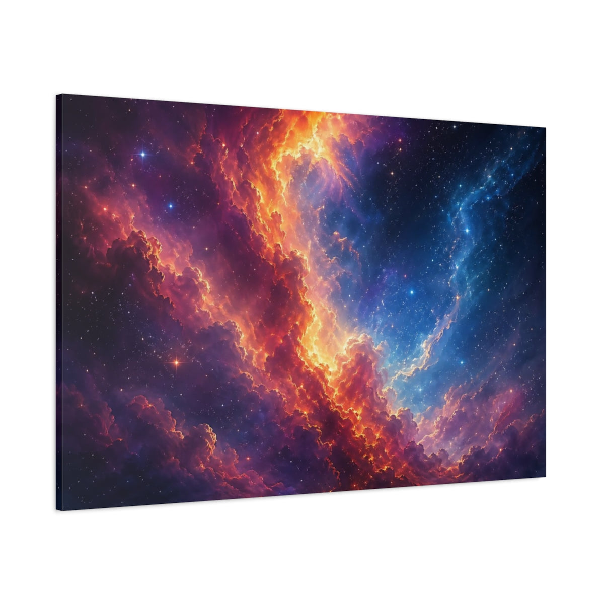 Side Mockup 1. Science Fiction Cosmic Nebula Orange Blue Nebula shown as stretched canvas wall art