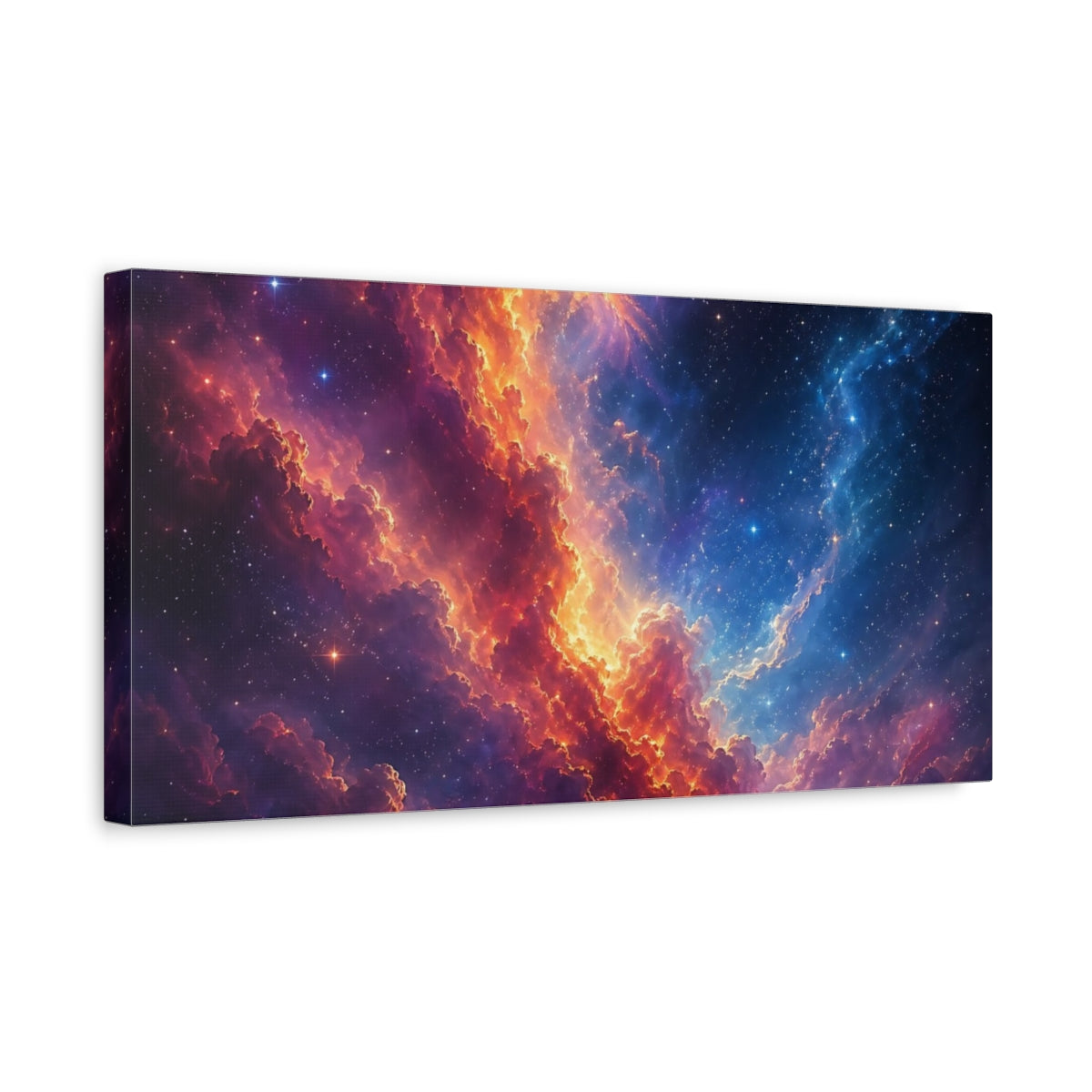 Side Mockup 3. Science Fiction Cosmic Nebula Orange Blue Nebula shown as stretched canvas wall art