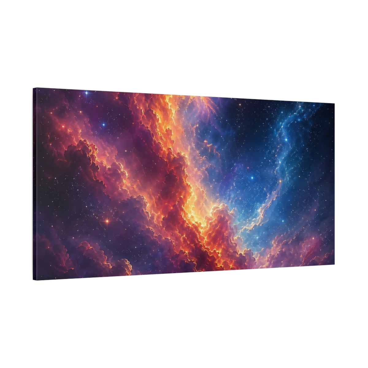 Side Mockup 2. Science Fiction Cosmic Nebula Orange Blue Nebula shown as stretched canvas wall art