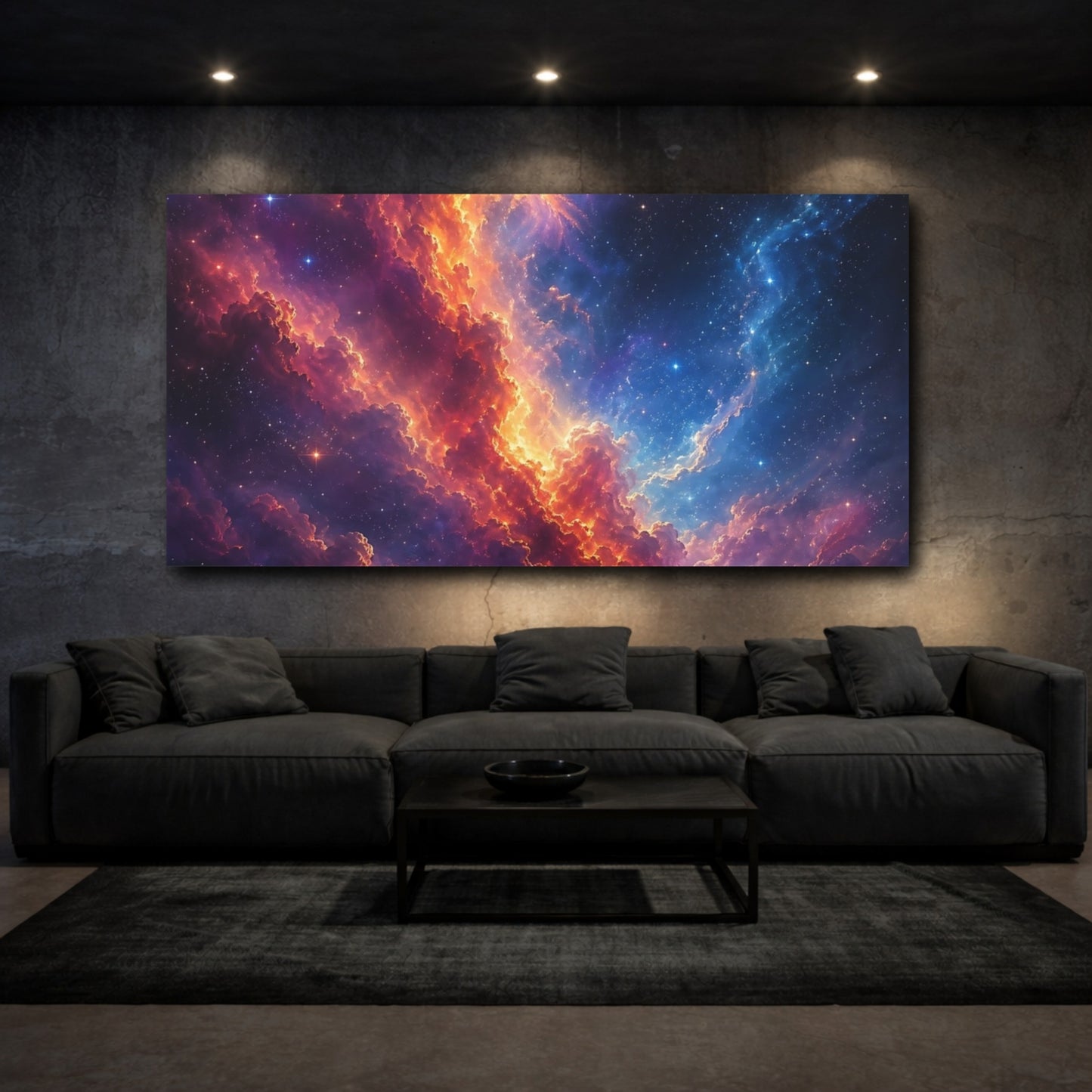 Mockup 2. Science Fiction Cosmic Nebula Orange Blue Nebula shown as stretched canvas wall art