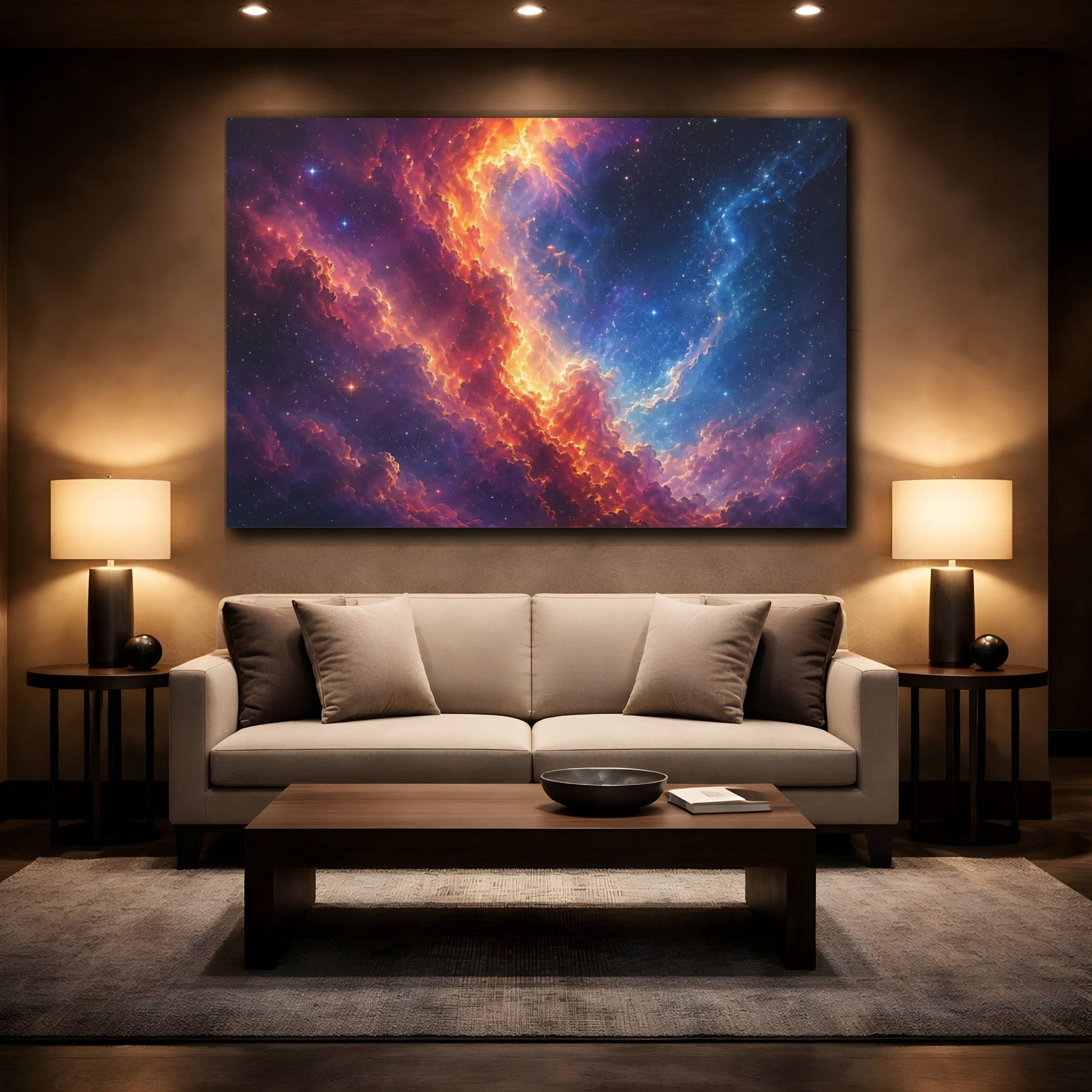 Mockup 2. Science Fiction Cosmic Nebula Orange Blue Nebula shown as stretched canvas wall art
