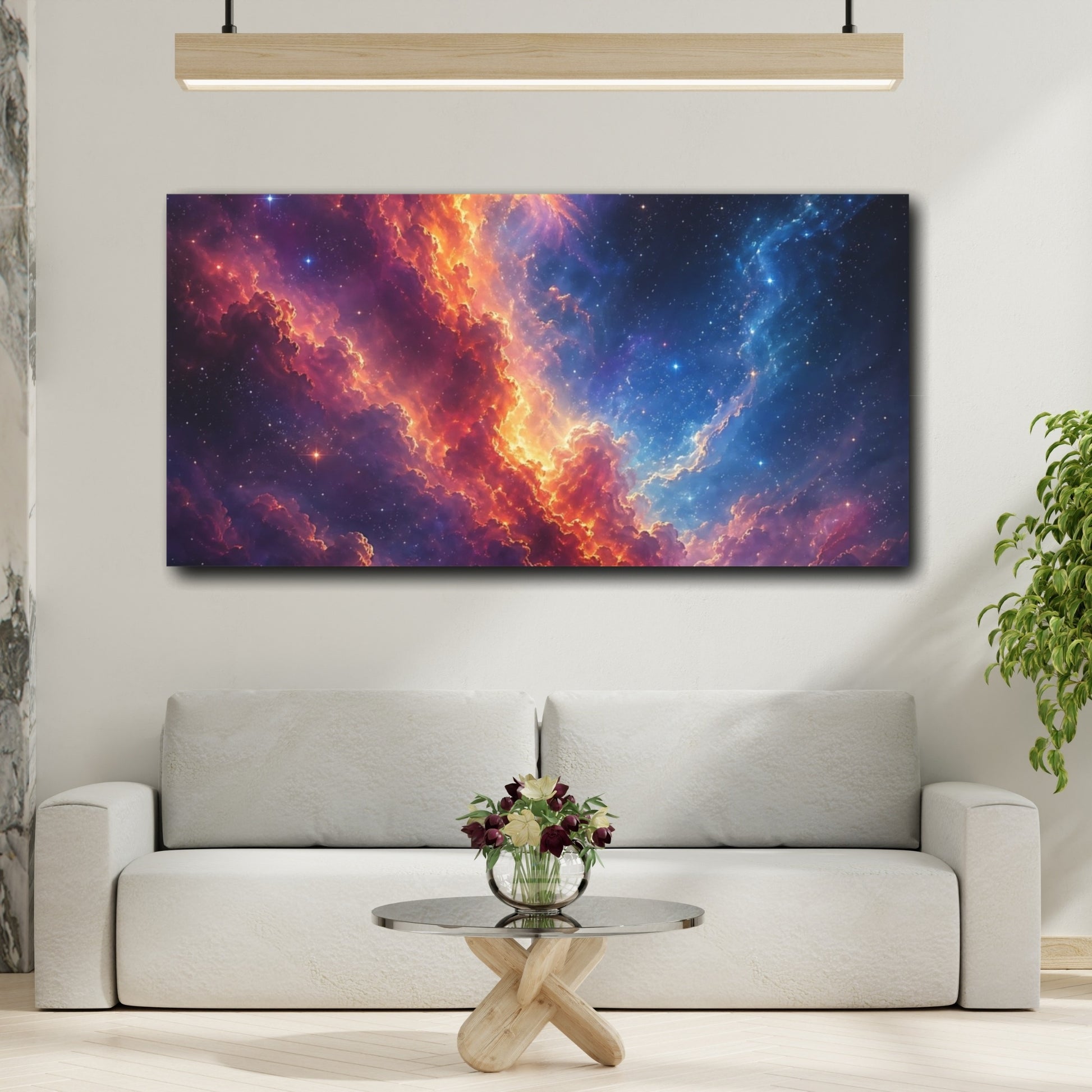 Mockup 3. Science Fiction Cosmic Nebula Orange Blue Nebula shown as stretched canvas wall art