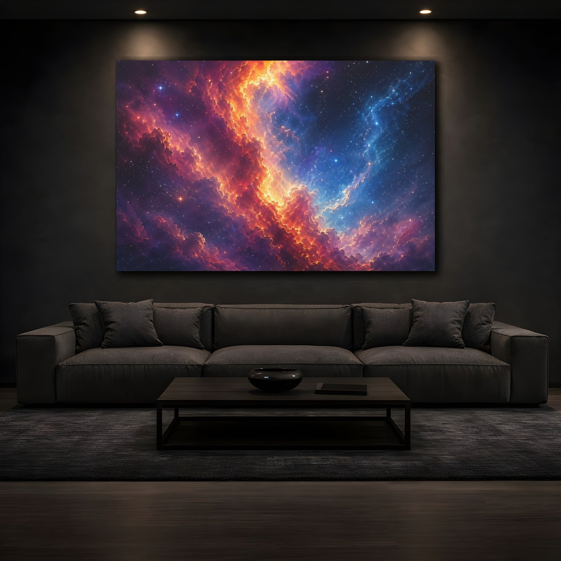 Mockup 3. Science Fiction Cosmic Nebula Orange Blue Nebula shown as stretched canvas wall art
