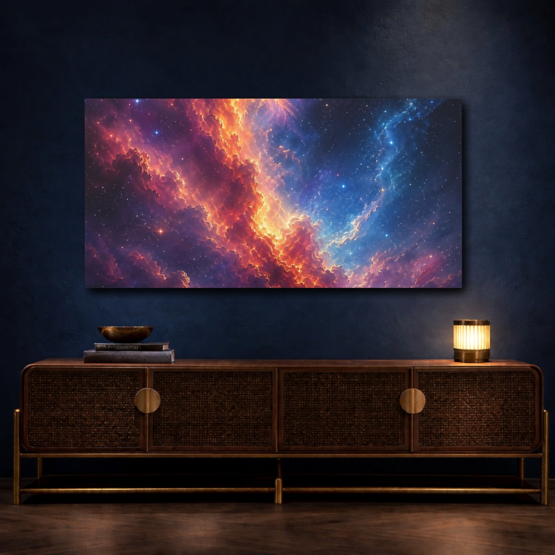 Mockup 4. Science Fiction Cosmic Nebula Orange Blue Nebula shown as stretched canvas wall art
