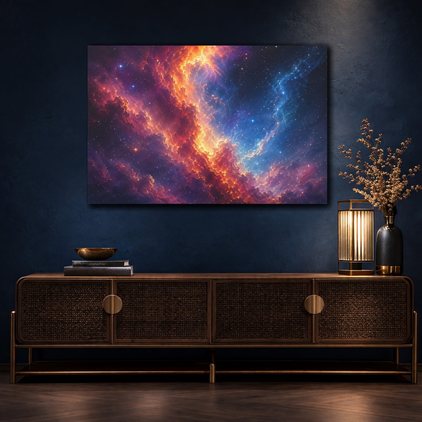 Mockup 4. Science Fiction Cosmic Nebula Orange Blue Nebula shown as stretched canvas wall art